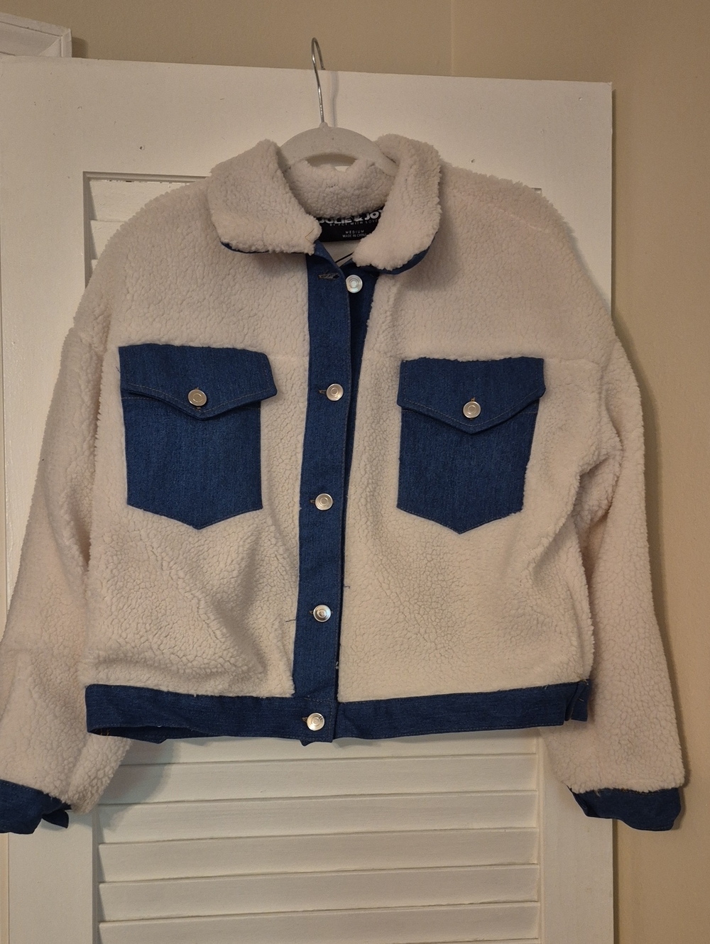 Women's Cream Sherpa Jacket with Blue Denim Trim